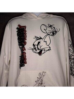 Tom & Jerry Mens Graphic Hoodie XL Long Sleeve Cartoon Print White Sweatshirt